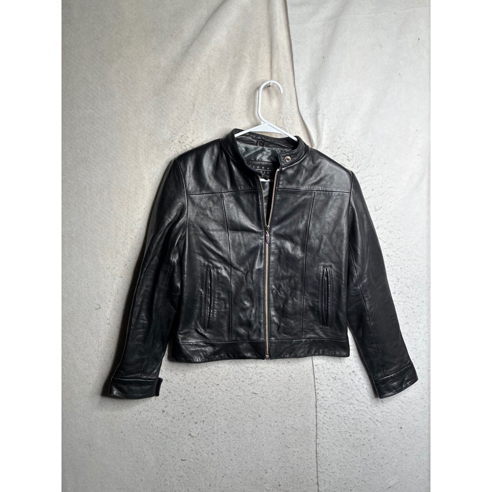Siena Studio Womens Black Leather Cafe Racer Jacket Size Small Full Zip Lined